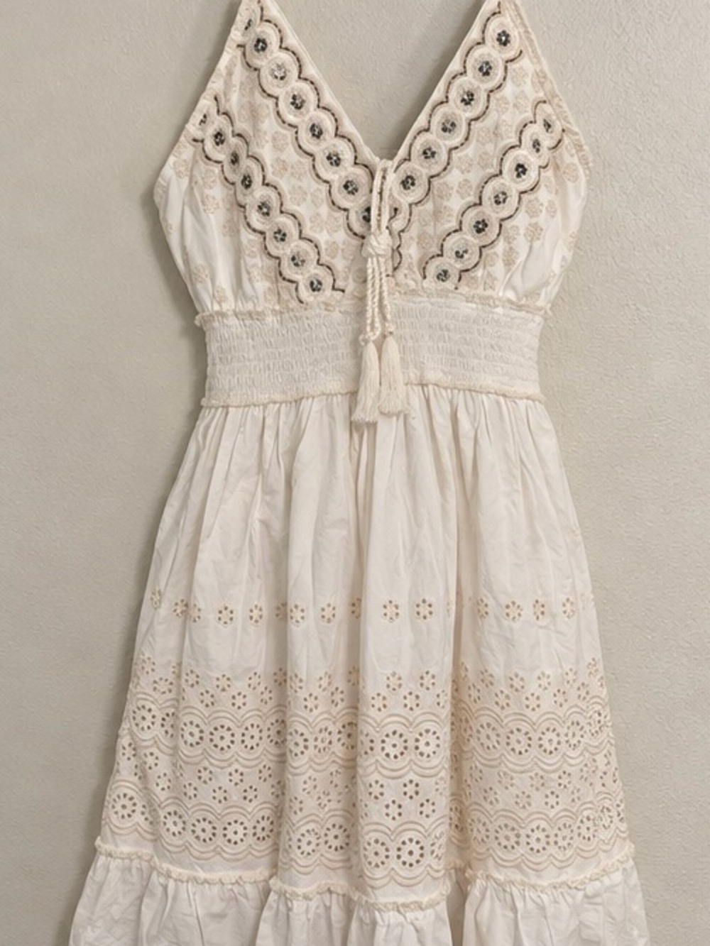 POL Cream Eyelet and Embellshed Mini Dress with Adjustable Spaghetti Straps - Picture 5 of 11